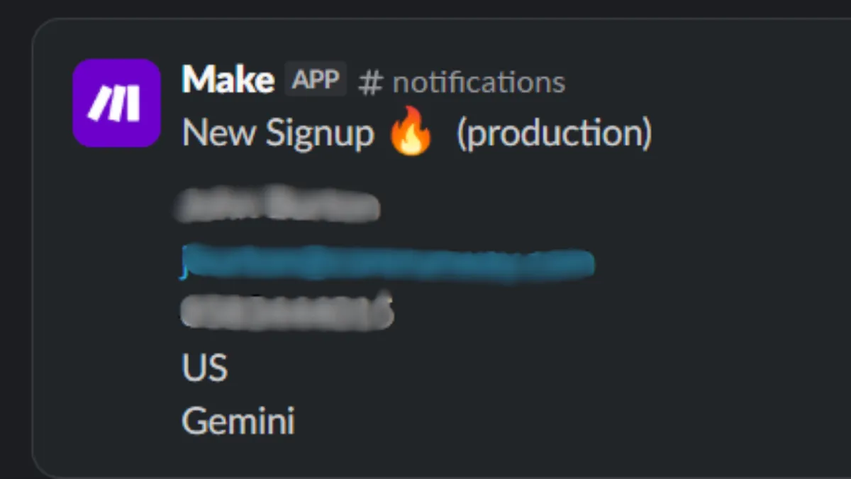 Slack alert from Make reading "New Signup (production)", with the customer's name, email and phone blurred out. Country US, attribution source "Gemini".