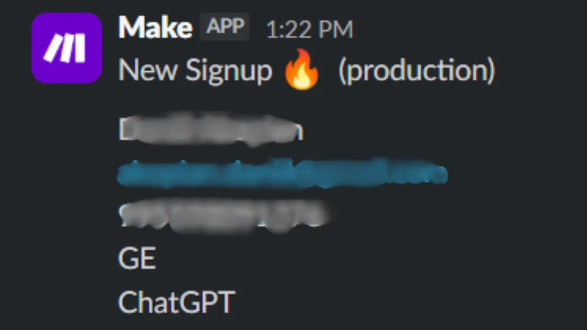 Slack alert from Make reading "New Signup (production)", with the customer's name, email and phone blurred out. Country GE, attribution source "ChatGPT".