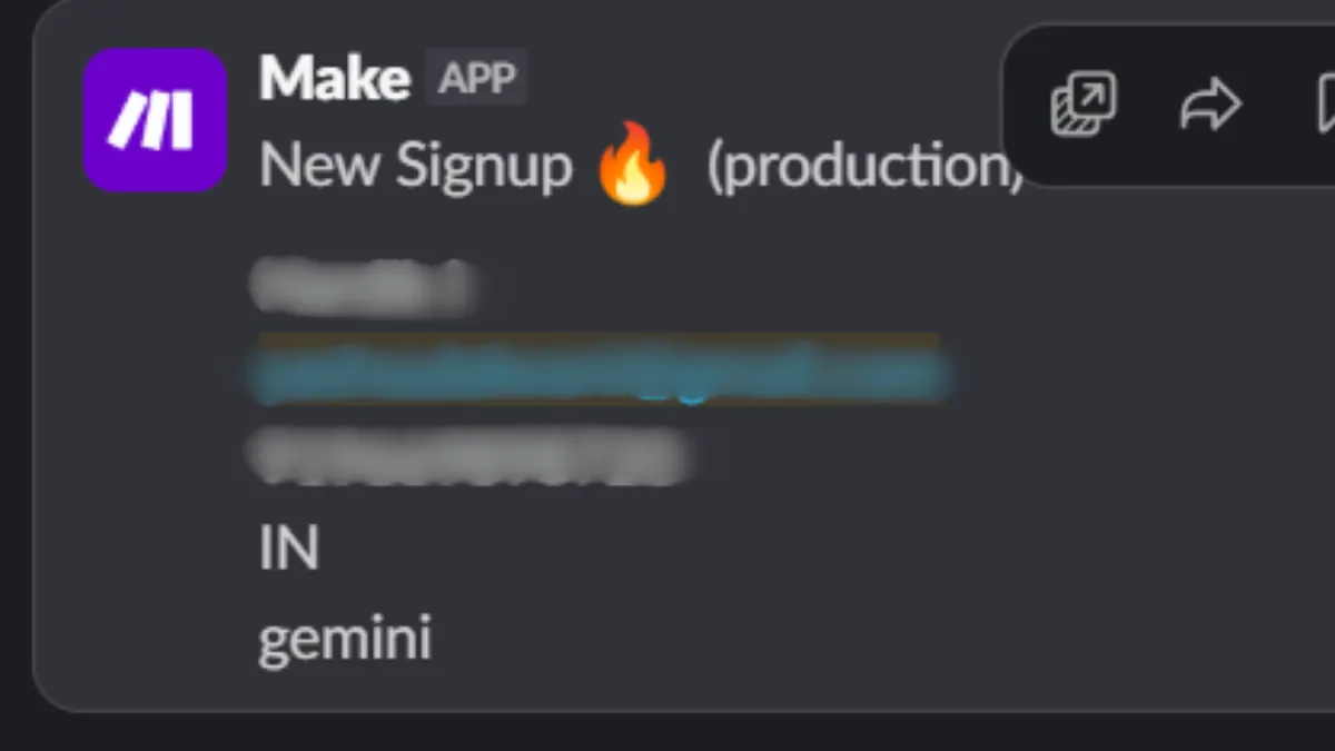 Slack alert from Make reading "New Signup (production)", with the customer's name, email and phone blurred out. Country IN, attribution source "gemini".