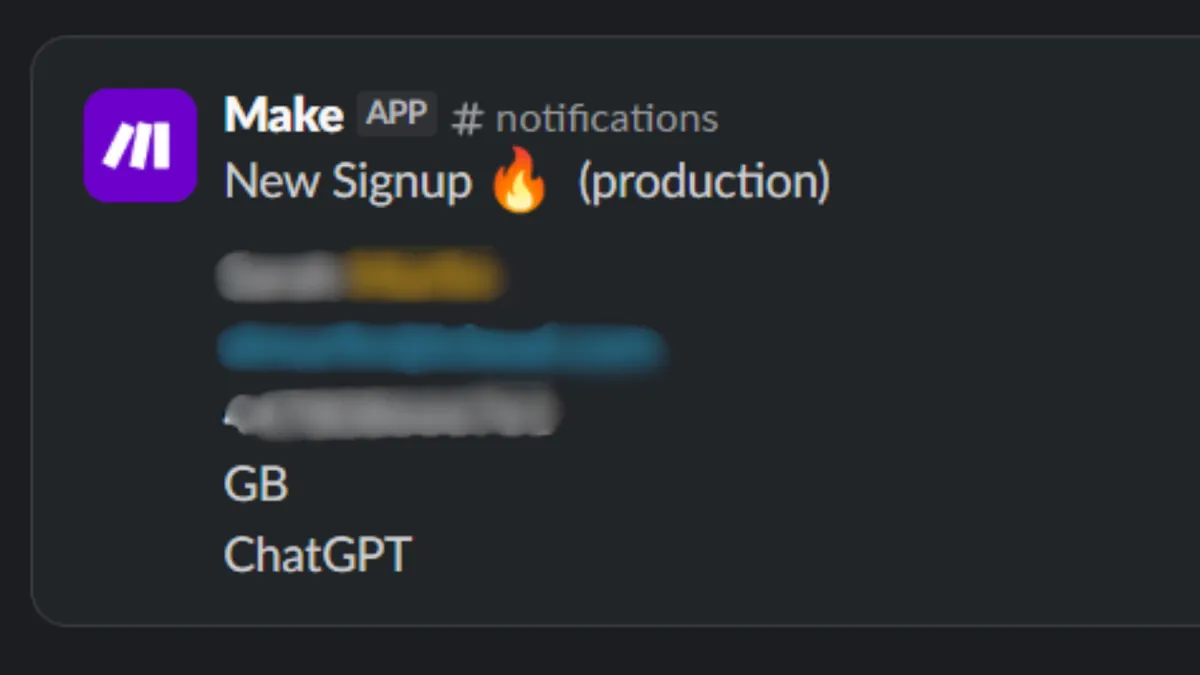 Slack alert from Make reading "New Signup (production)", with the customer's name, email and phone blurred out. Country GB, attribution source "ChatGPT".