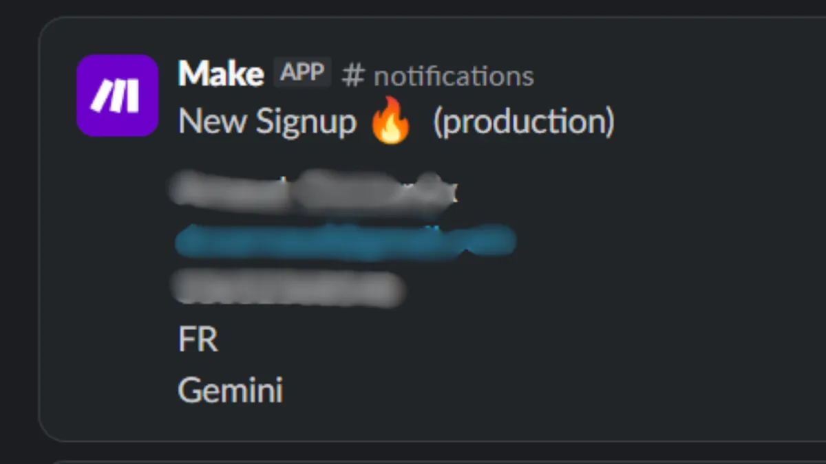 Slack alert from Make reading "New Signup (production)", with the customer's name, email and phone blurred out. Country FR, attribution source "Gemini".