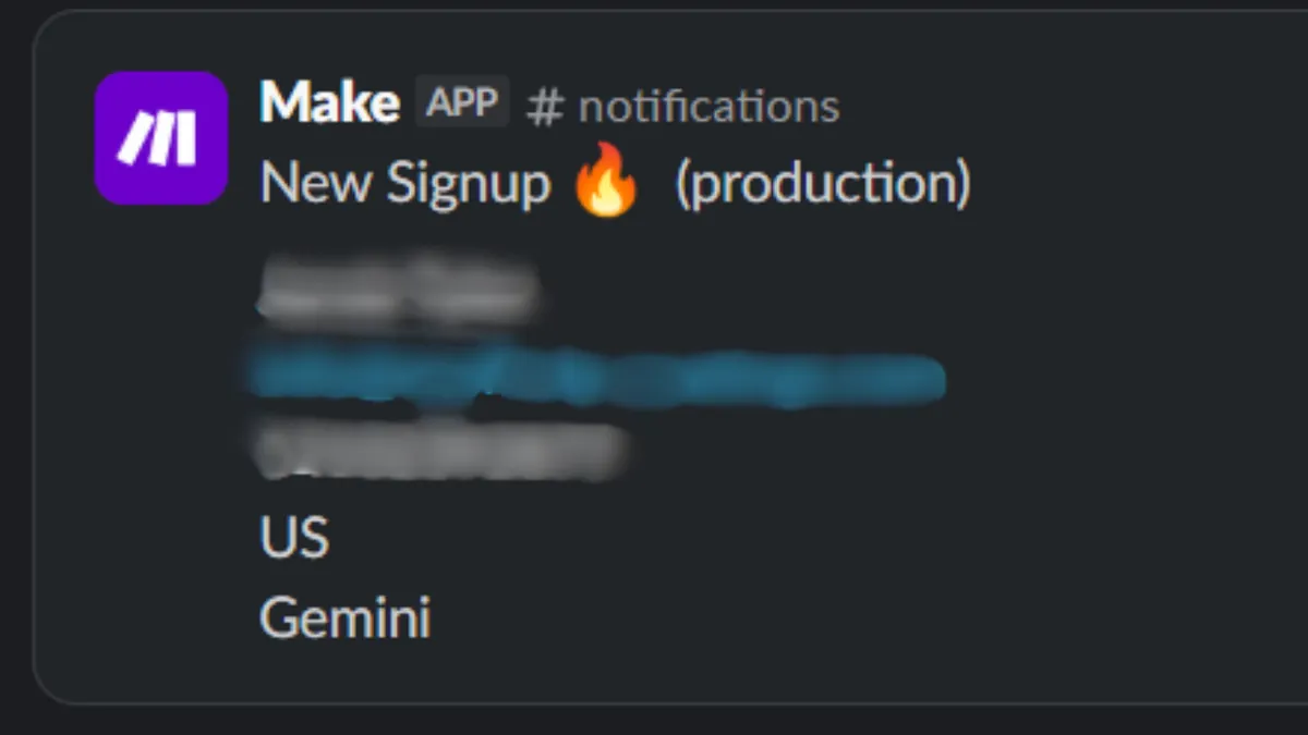 Slack alert from Make reading "New Signup (production)", with the customer's name, email and phone blurred out. Country US, attribution source "Gemini".