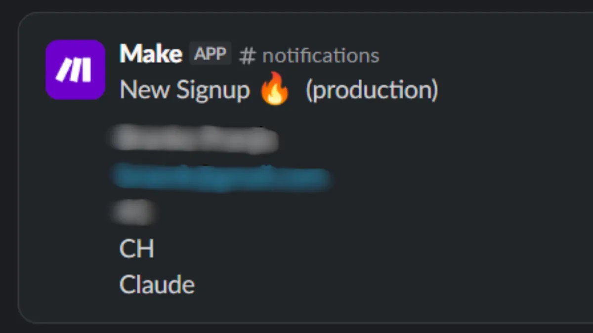 Slack alert from Make reading "New Signup (production)", with the customer's name, email and phone blurred out. Country CH, attribution source "Claude".