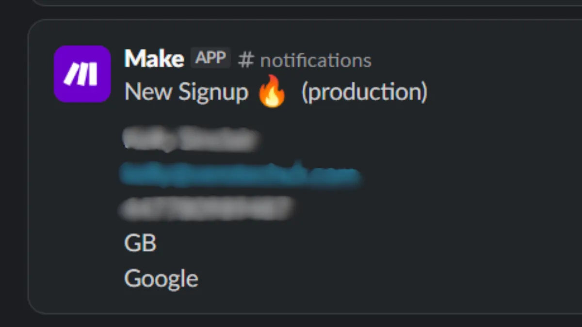 Slack alert from Make reading "New Signup (production)", with the customer's name, email and phone blurred out. Country GB, attribution source "Google".